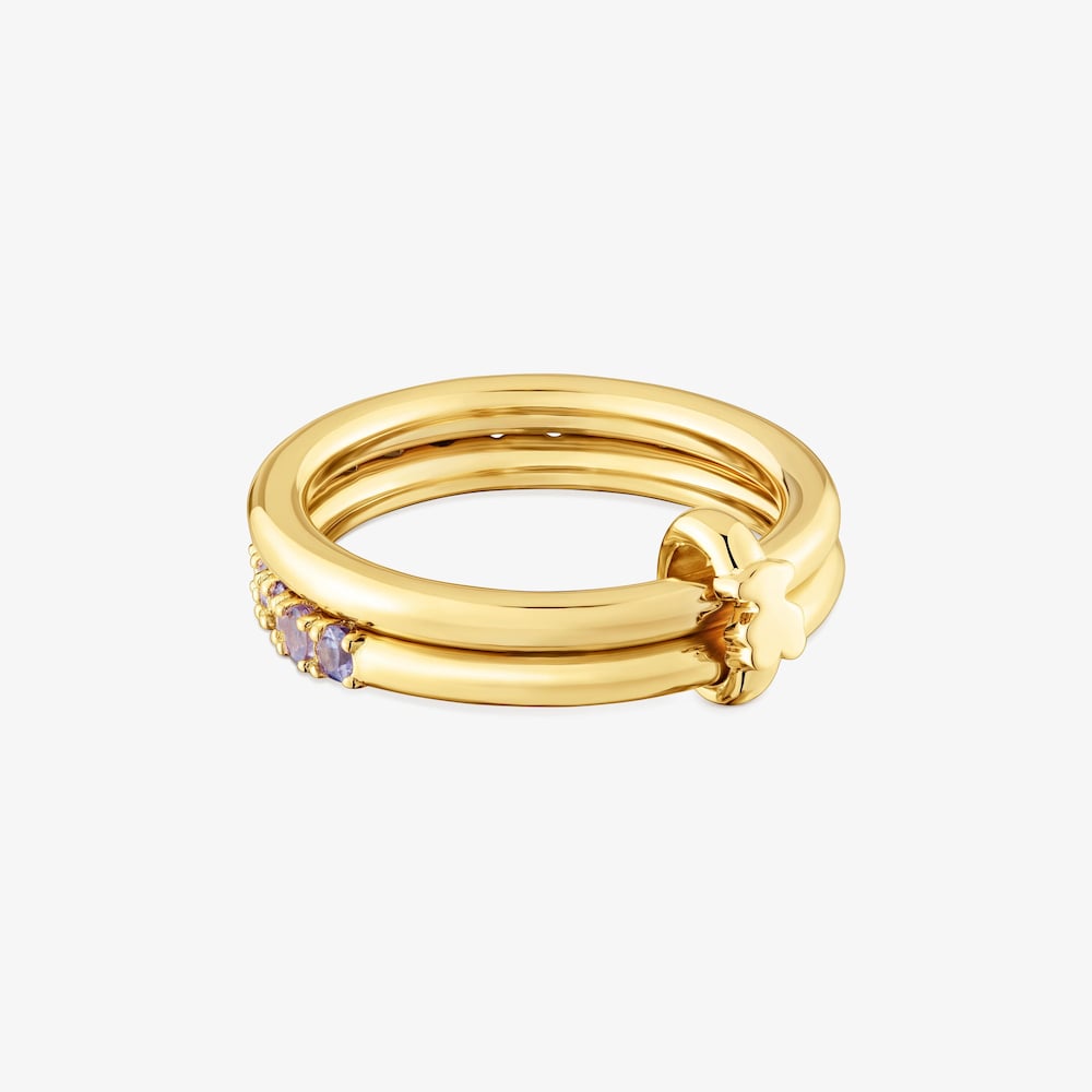 Anel duplo com banho de ouro de 18&nbsp;K sobre prata e pedras preciosas TOUS Straight