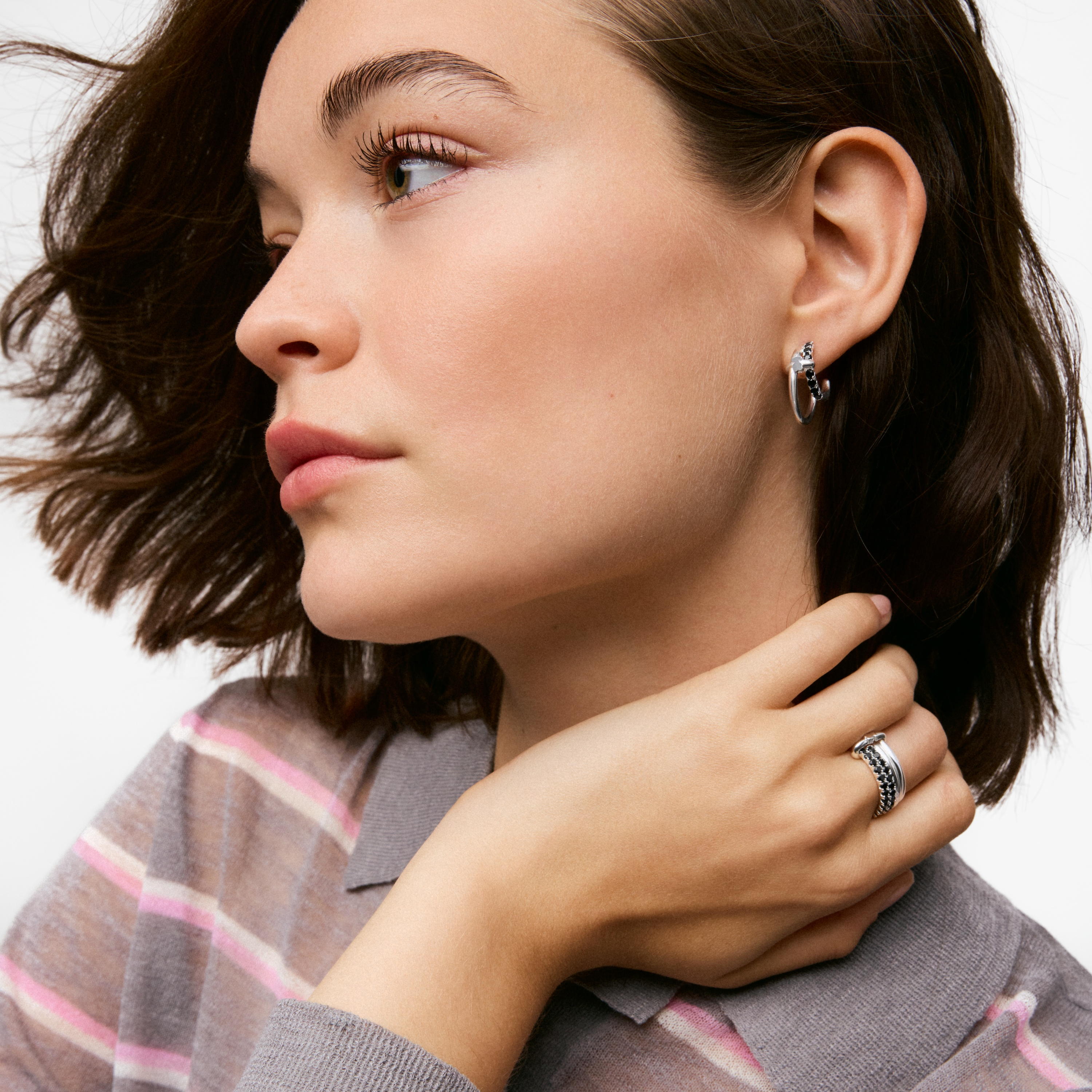 Silver Double hoop earrings with black spinel TOUS Straight