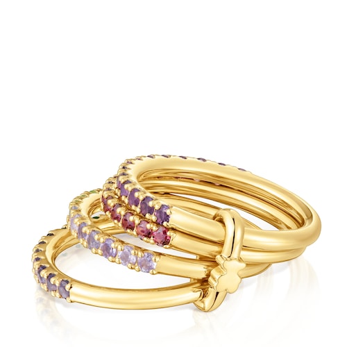 Dreifach-Ring aus 18&nbsp;kt vergoldetem Silber mit Edelsteinen TOUS Straight