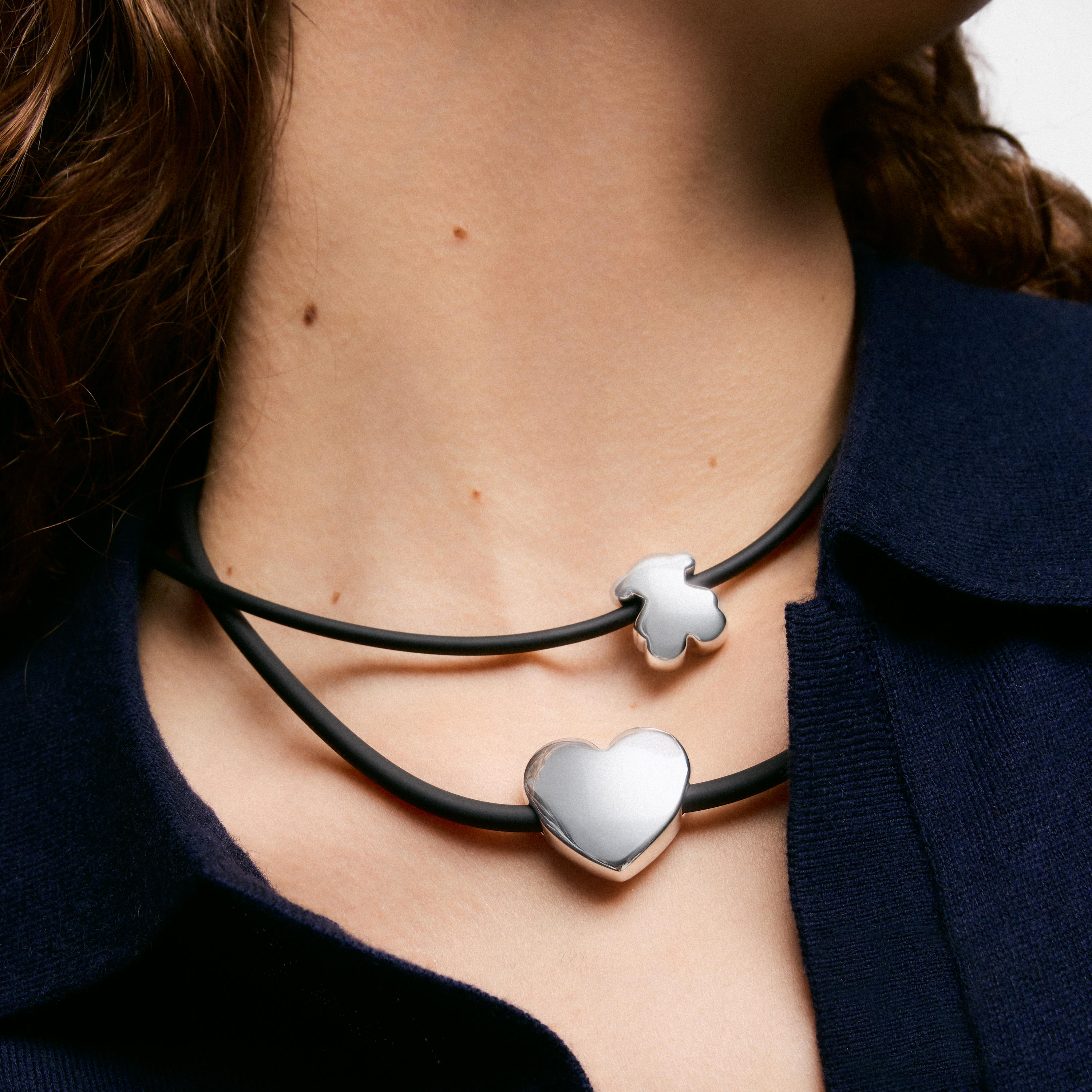 Heart necklace in silver and rubber 24 mm Bold Motif