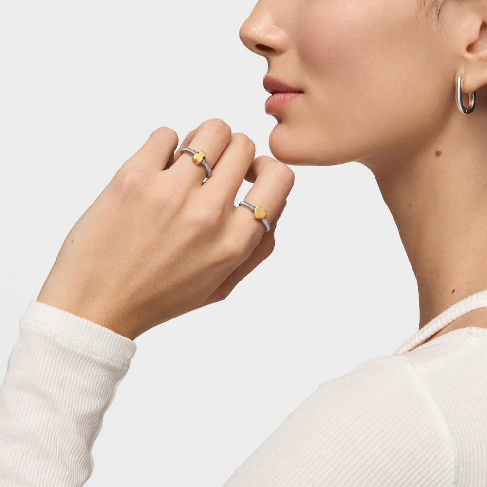 Anello a cuore in argento placcato oro 18&nbsp;kt e acciaio TOUS Mesh Tube