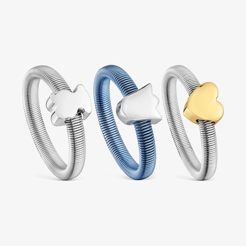 Pack de tres anillos de plata y plata ba&ntilde;ada coraz&oacute;n, tulipa y oso TOUS Mesh Tube