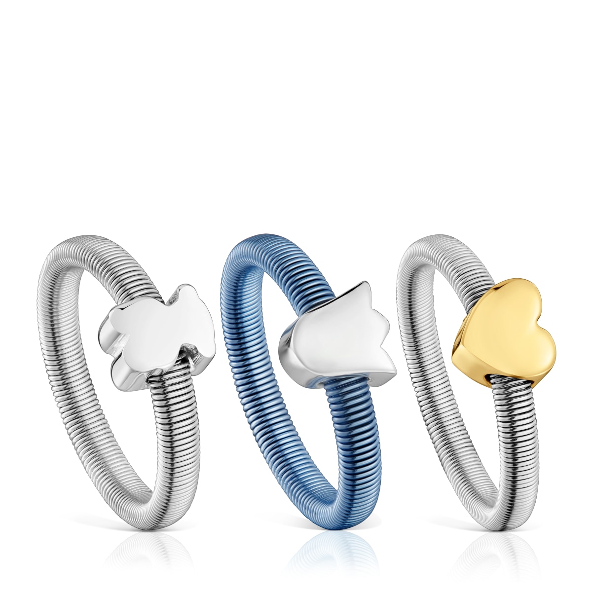 Tous - Pack De Tres Anillos De Plata Y Plata Bañada Corazón, Tulipa Y Oso Tous Mesh Tube - Multi
