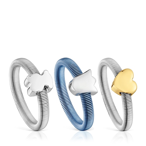 Pack de tres anillos de plata y plata ba&ntilde;ada coraz&oacute;n, tulipa y oso TOUS Mesh Tube