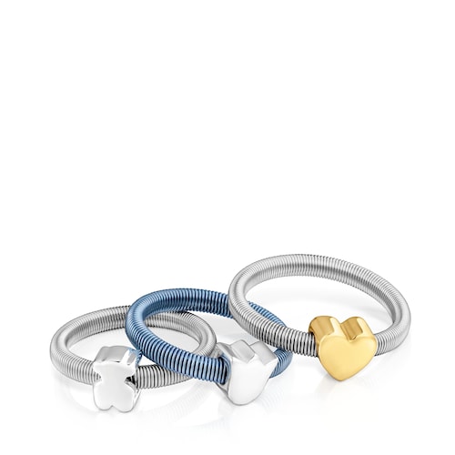 Pack de tres anillos de plata y plata ba&ntilde;ada coraz&oacute;n, tulipa y oso TOUS Mesh Tube