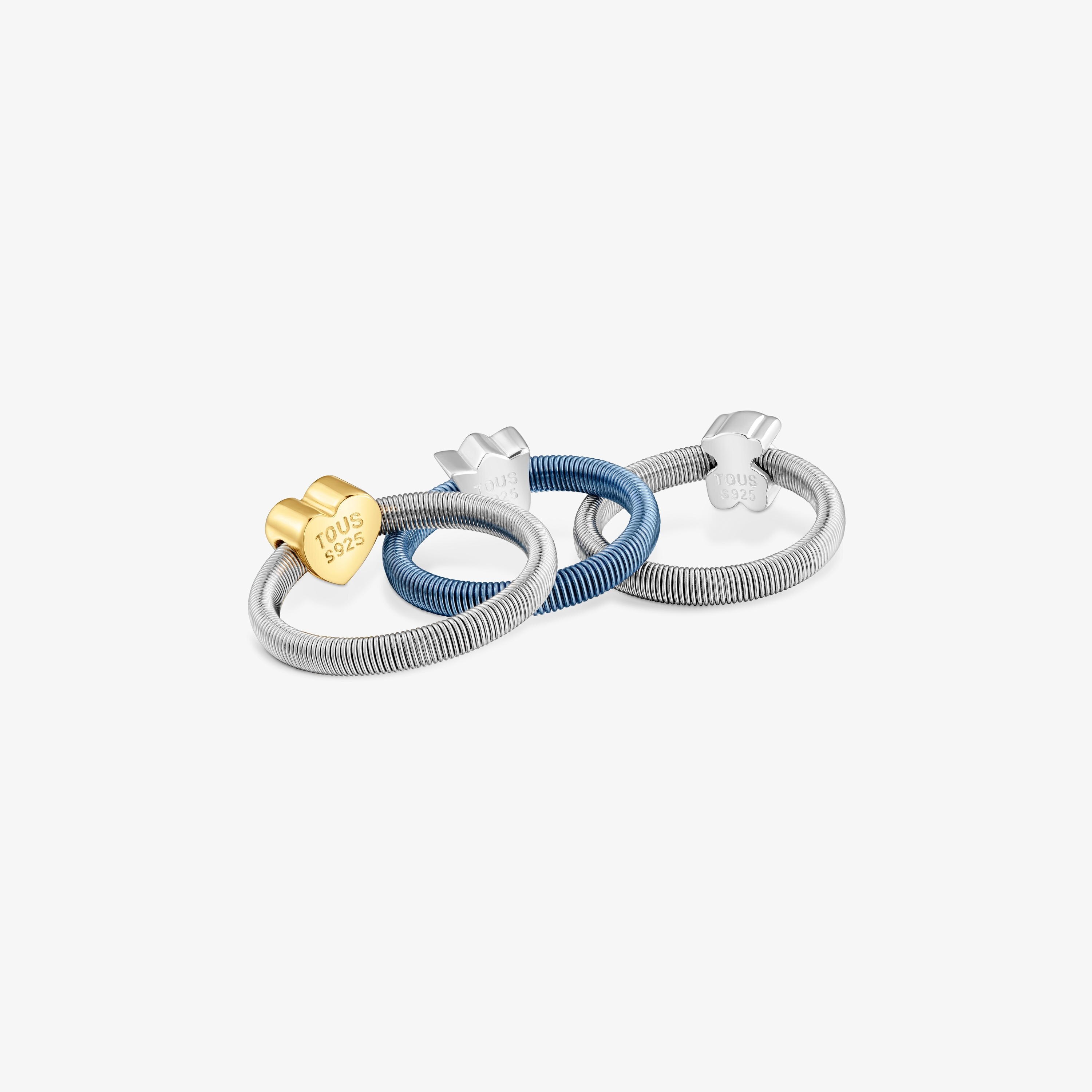Pack of three silver and silver-plated heart, tulip bear Rings TOUS Mesh Tube