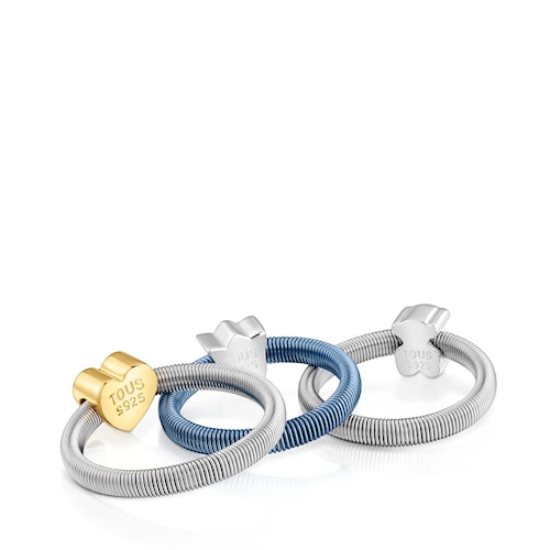 Pack de tres anillos de plata y plata ba&ntilde;ada coraz&oacute;n, tulipa y oso TOUS Mesh Tube