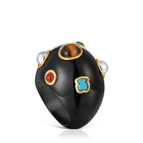 Anillo bicolor de resina negra y gemas Warm