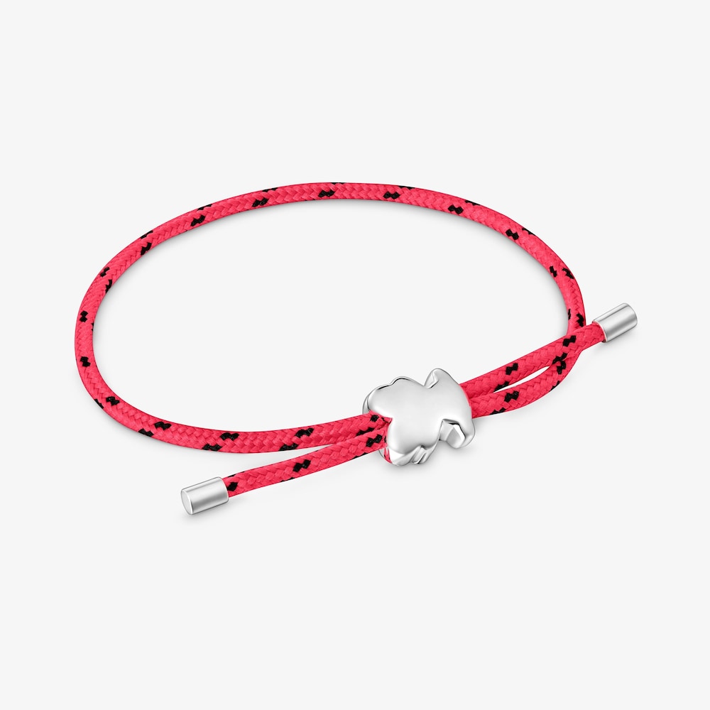 Pulsera oso de plata y nylon rosa Bold Motif