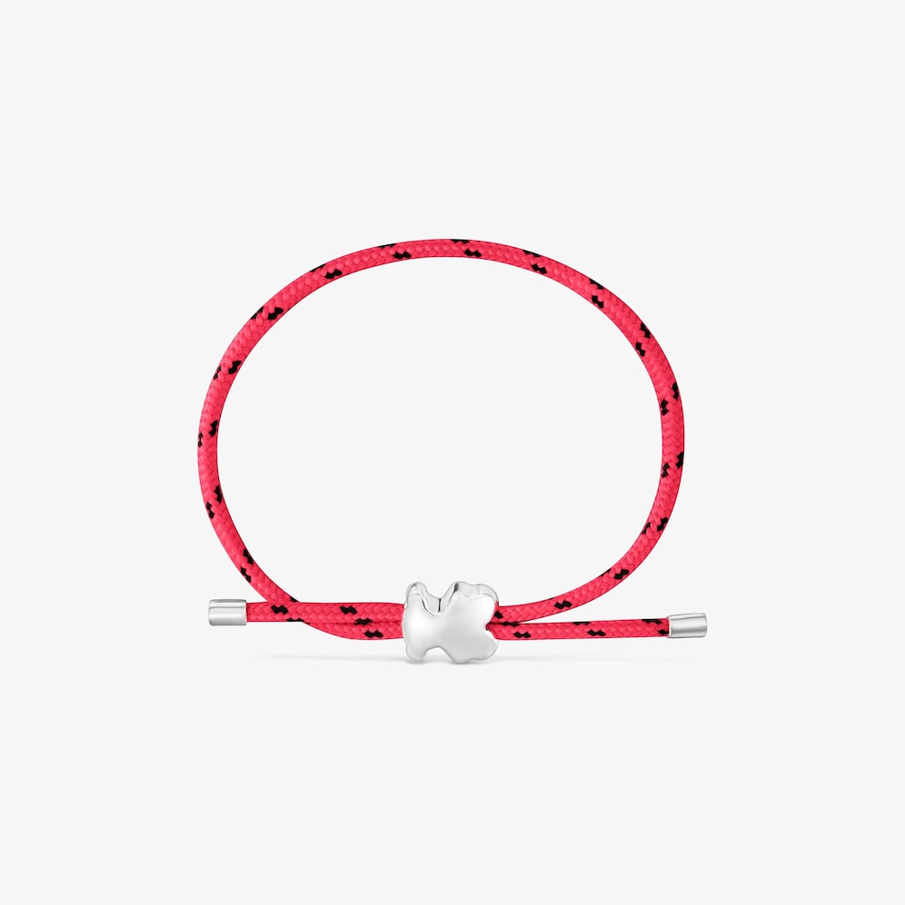 Pulsera oso de plata y nylon rosa Bold Motif