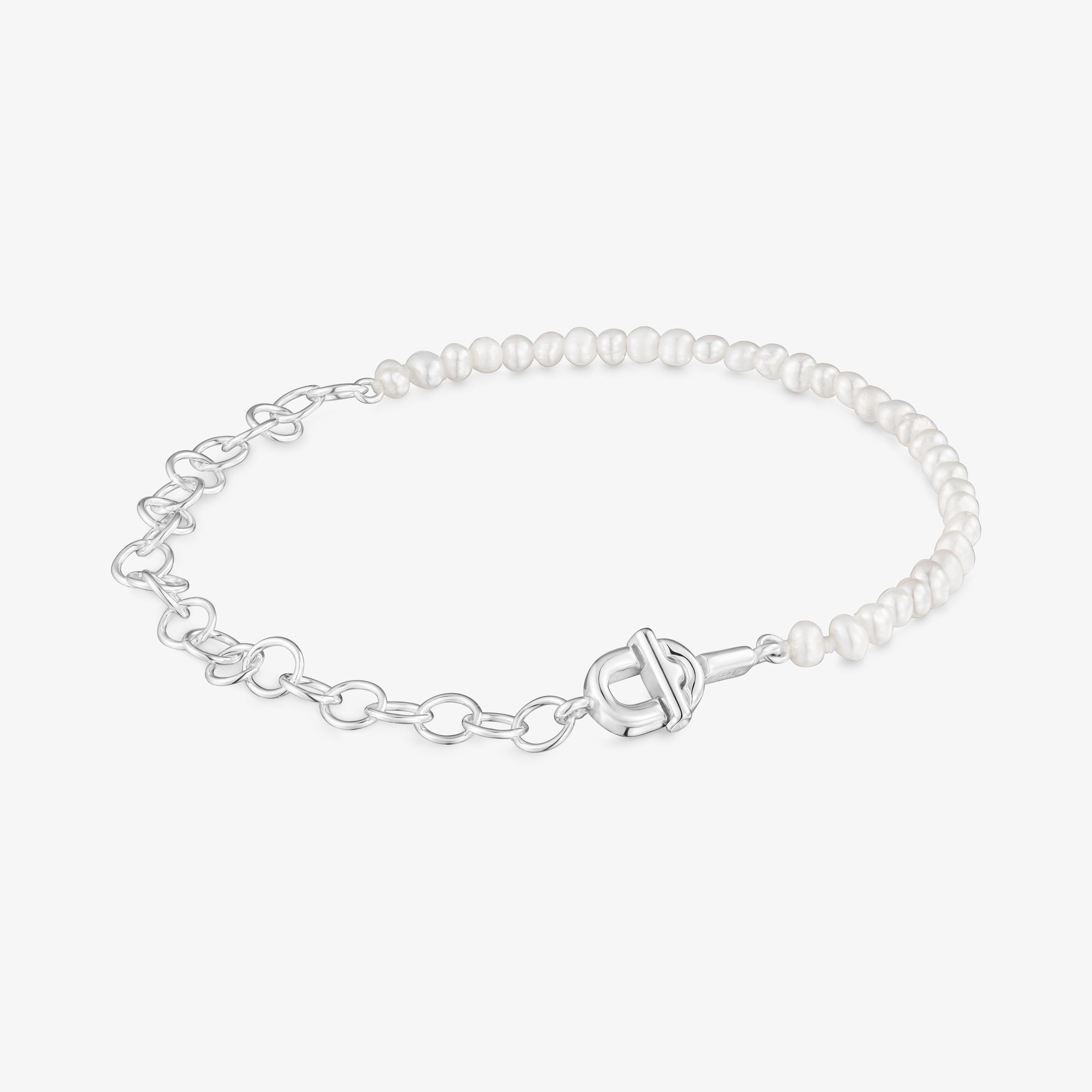 Silver Bracelet with double curb chain and cultured pearls TOUS MANIFESTO