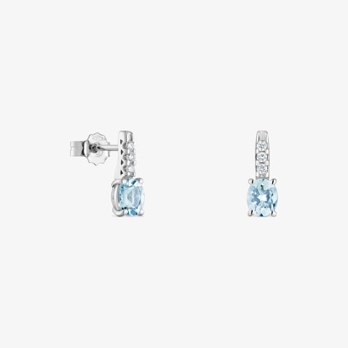 Pendientes cortos de oro blanco 9 kt, diamantes y aguamarina Les Classiques