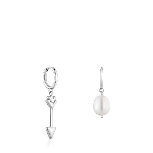 Orecchini a cerchio con charm a freccia in acciaio e perla coltivata TOUS Charming