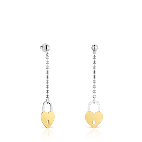 Orecchini lunghi con charm a cuore in acciaio bicolore TOUS Charming