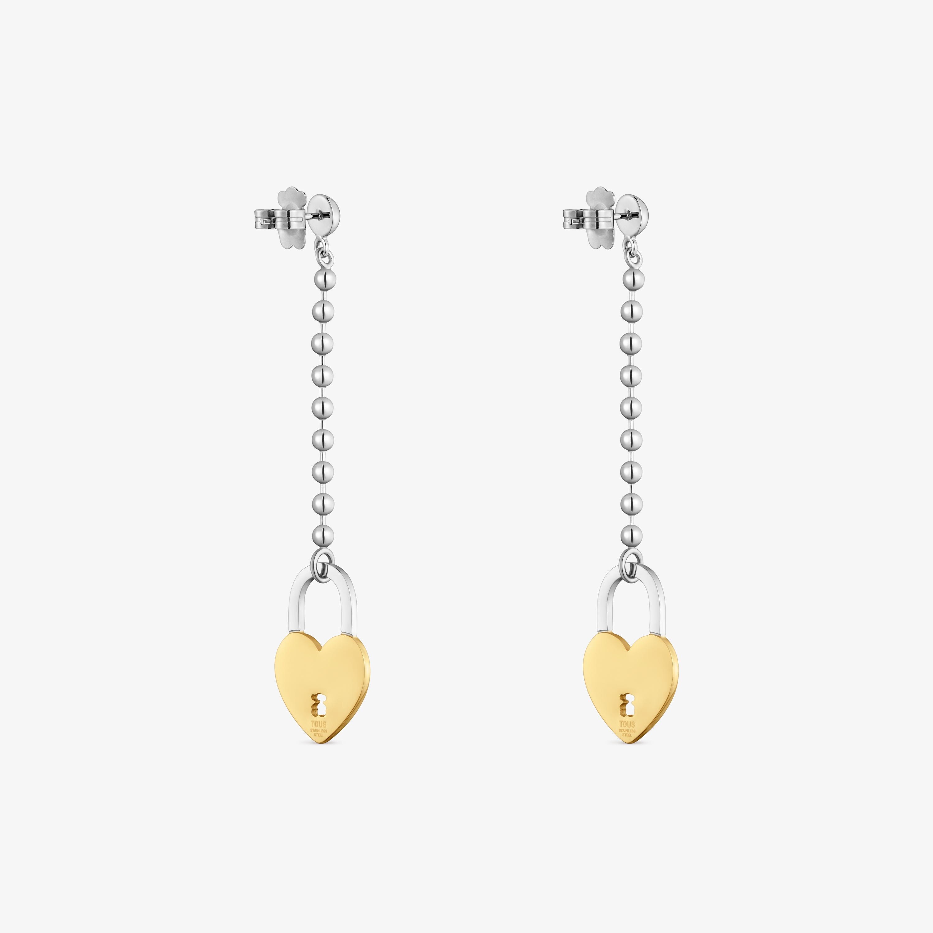Long two-tone steel Earrings with heart charm TOUS Charming