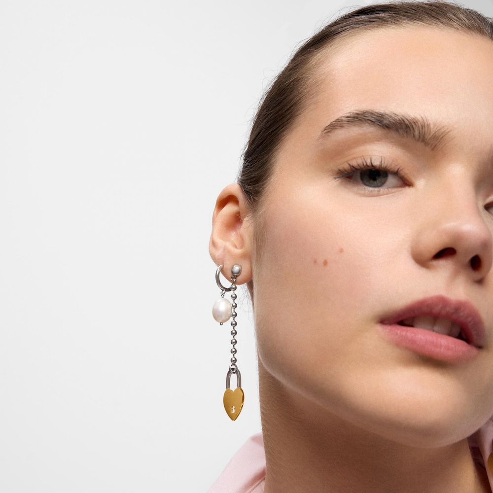 Aretes largos de acero bicolor motivo coraz&oacute;n TOUS Charming