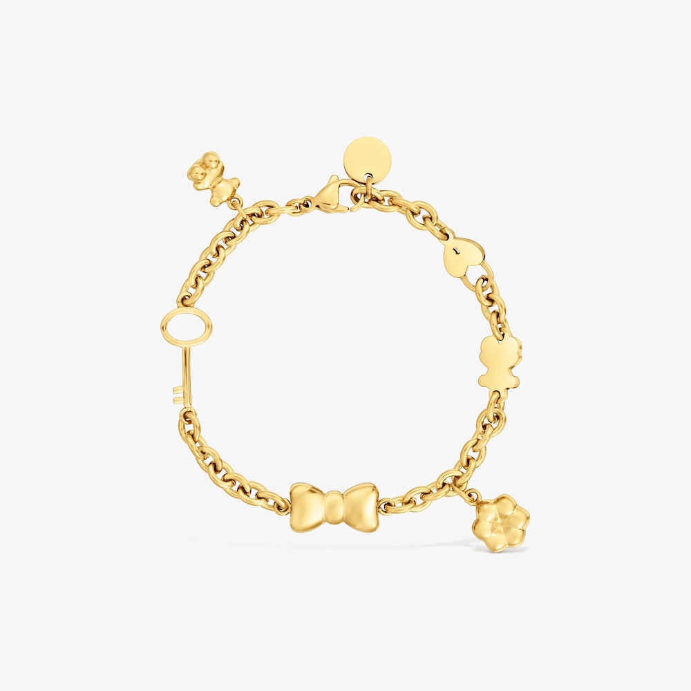 Řet&iacute;zkov&yacute; n&aacute;ramek z&nbsp;oceli ve zlat&eacute; barvě s&nbsp;př&iacute;věsky TOUS Charming