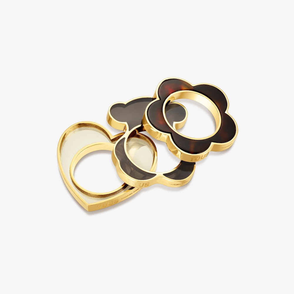 Anillo coraz&oacute;n de acero dorado y resina blanca Galaxy