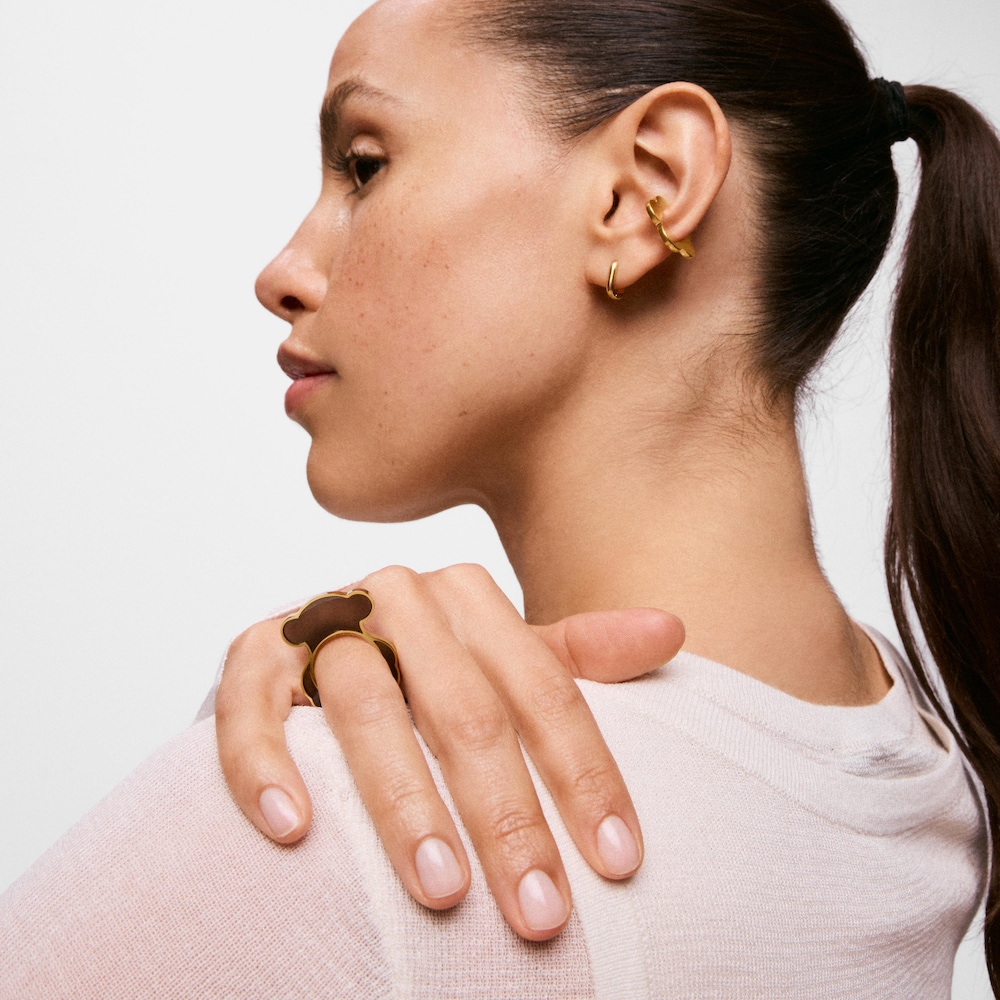 Pierścionek ze stali w kolorze złotym i czarnej żywicy z motywem misia TOUS Galaxy