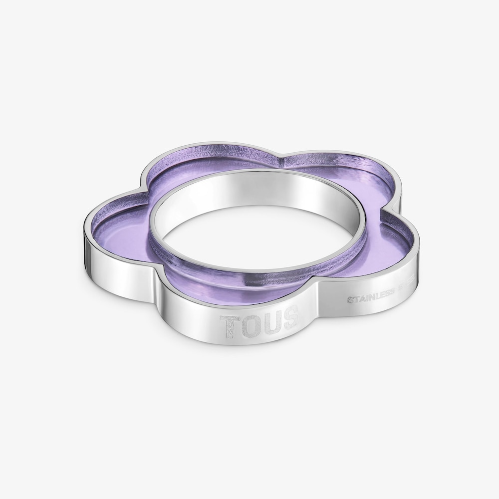 Pierścionek ze stali i liliowej żywicy z motywem kwiatu TOUS Galaxy