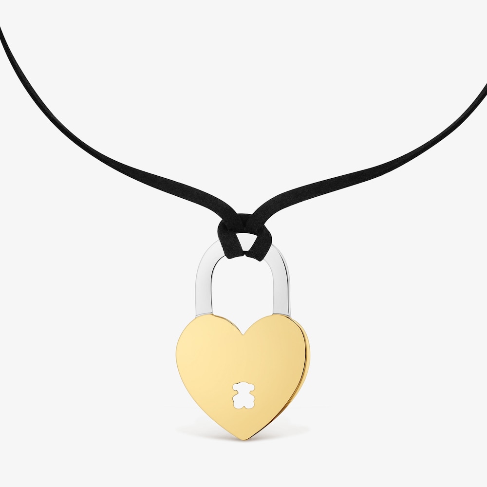 Dvoubarevn&yacute; ocelov&yacute; N&aacute;hrdeln&iacute;k se srdcem a&nbsp;černou &scaron;ňůrkou TOUS Charming