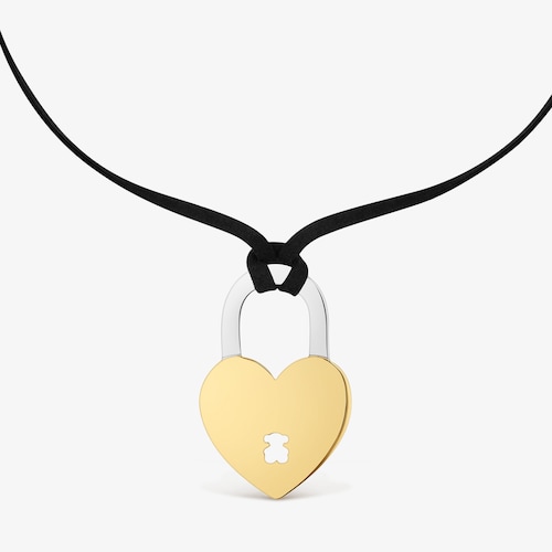 Two-tone steel heart and black cord Necklace TOUS Charming