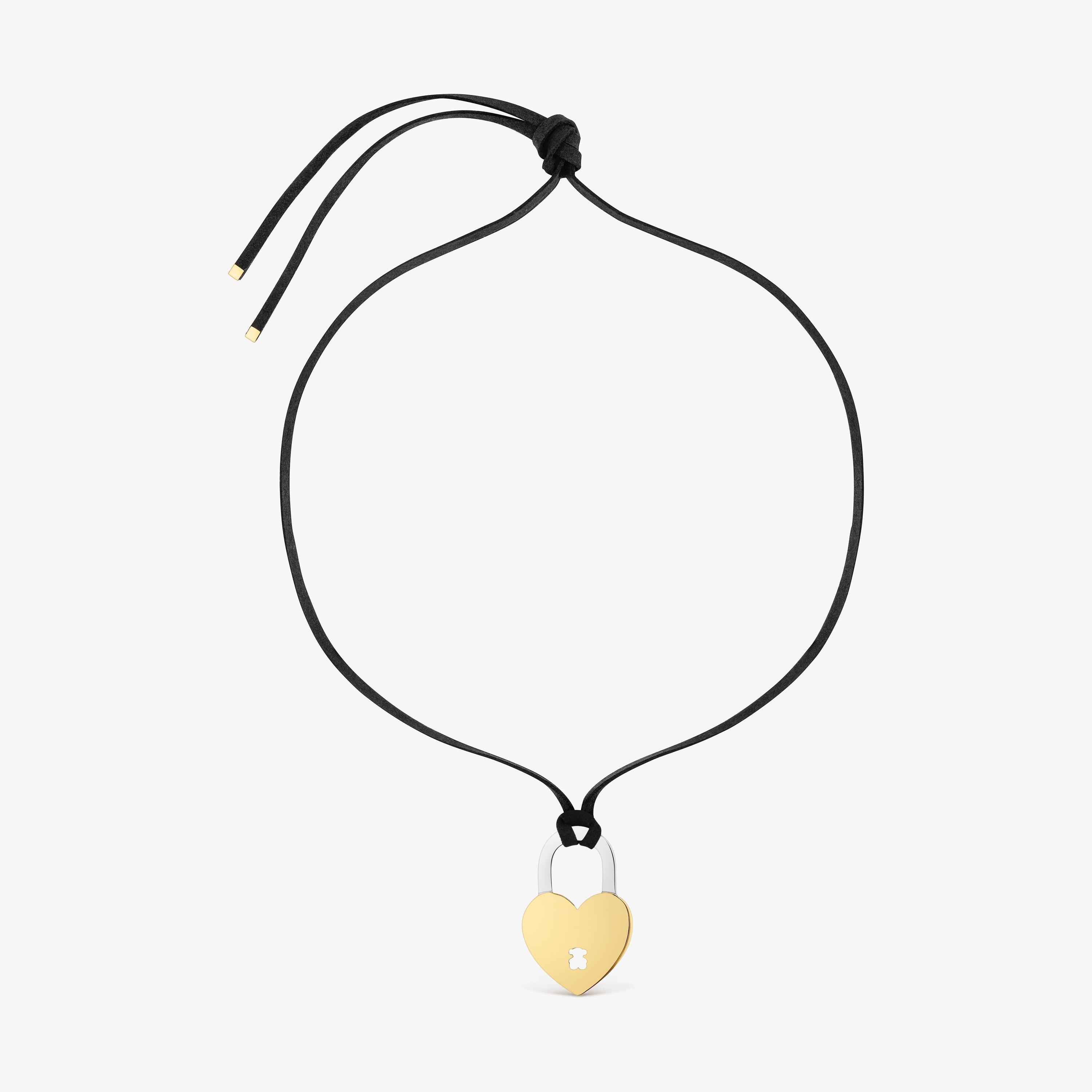 Two-tone steel heart and black cord Necklace TOUS Charming