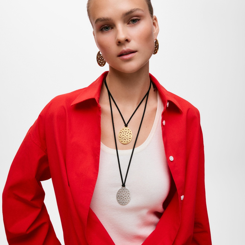 Long 40-mm gold-colored steel and black cord Necklace TOUS Kaos