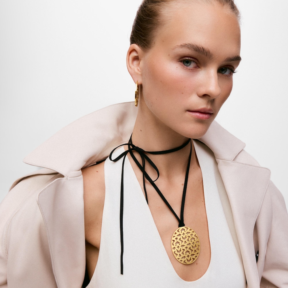 Long 60-mm gold-colored steel and black cord Necklace TOUS Kaos