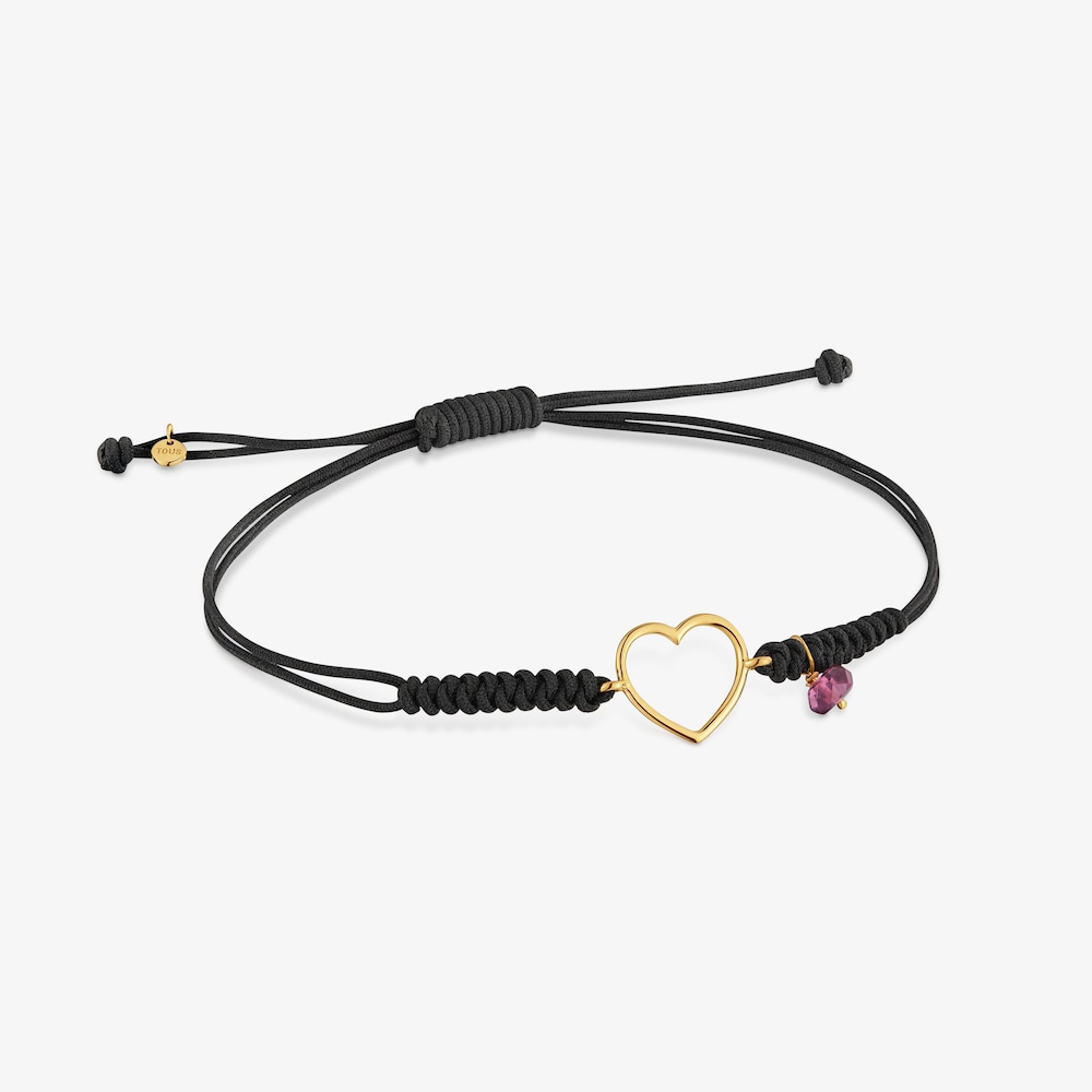 Pulsera coraz&oacute;n de oro 9 kt, rodolita y nylon Silueta