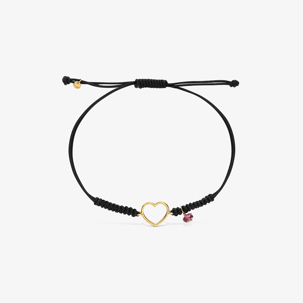 Pulsera coraz&oacute;n de oro 9 kt, rodolita y nylon Silueta