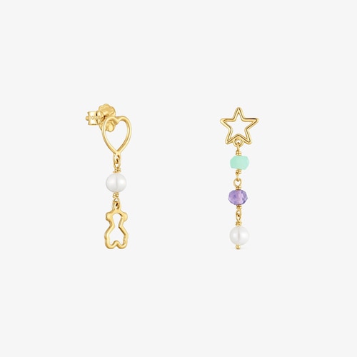Pendientes largos de oro 9 kt y gemas 30 mm Silueta