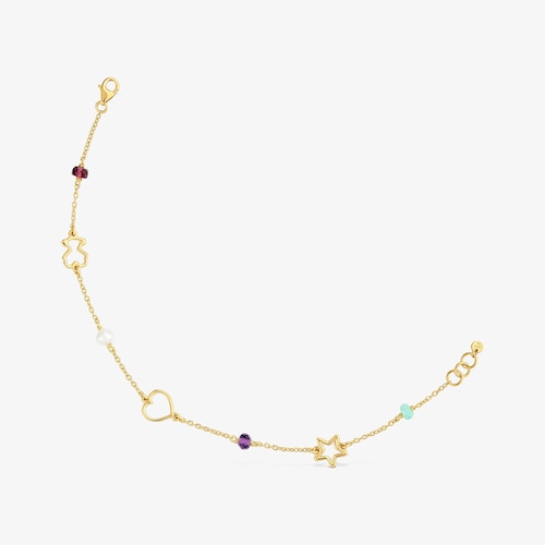 Pulsera cadena de oro 9 kt con motivos y gemas Silueta