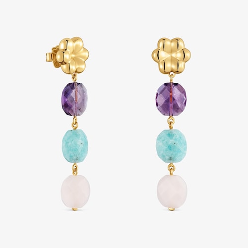 Pendientes largos con ba&ntilde;o de oro 18 kt sobre plata y gemas Bold Motif
