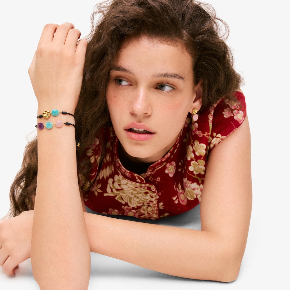 Pulsera de nylon con ba&ntilde;o de oro 18 kt sobre plata y gemas Bold Motif