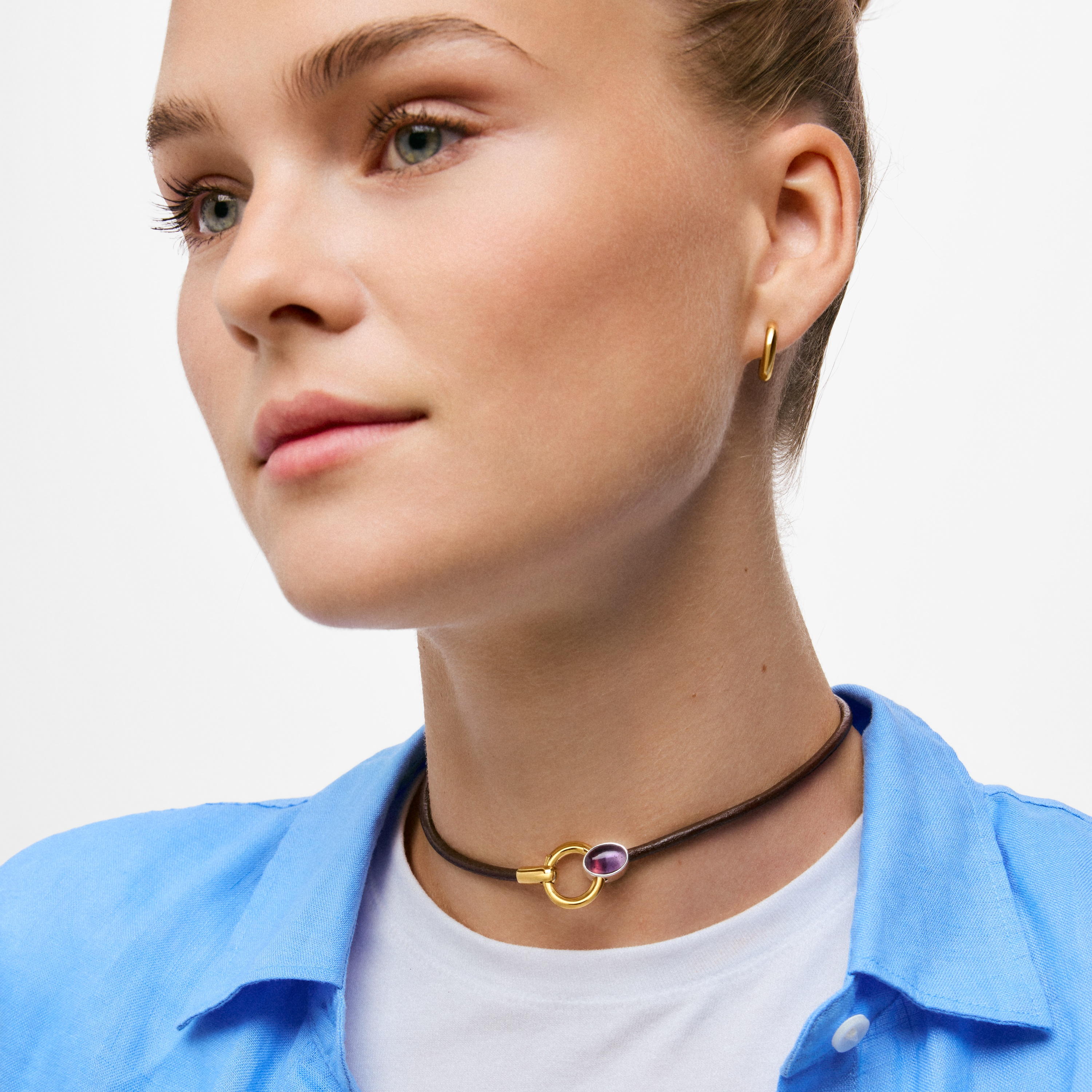 Two-tone Necklace with amethyst and leather cord TOUS Gem Power | TOUS