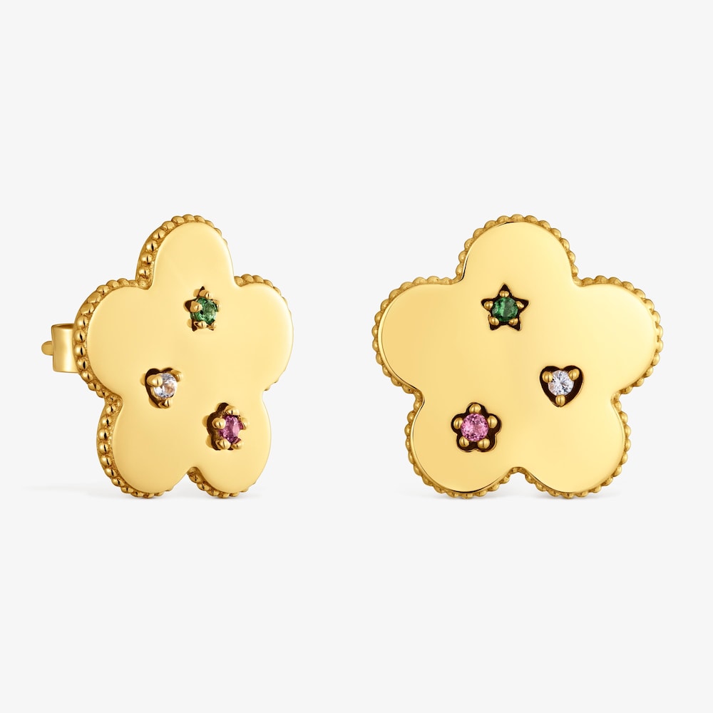 Aretes flor de acero dorado y gemas Cachito M&iacute;o