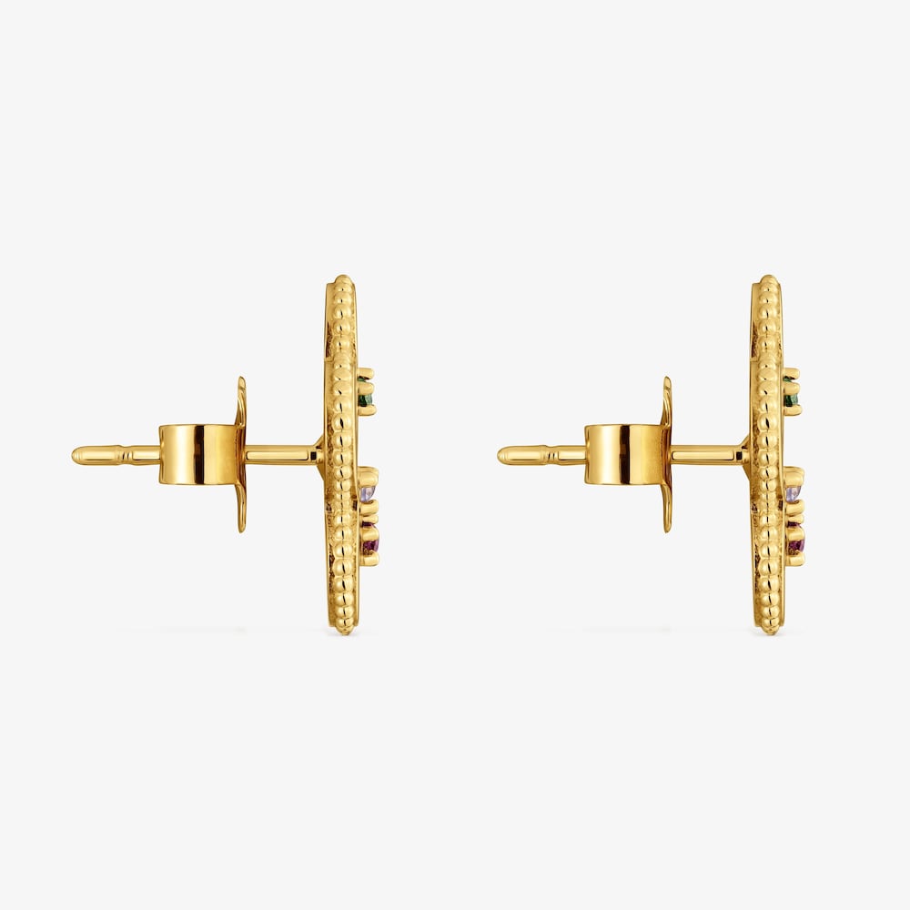 Aretes flor de acero dorado y gemas Cachito M&iacute;o