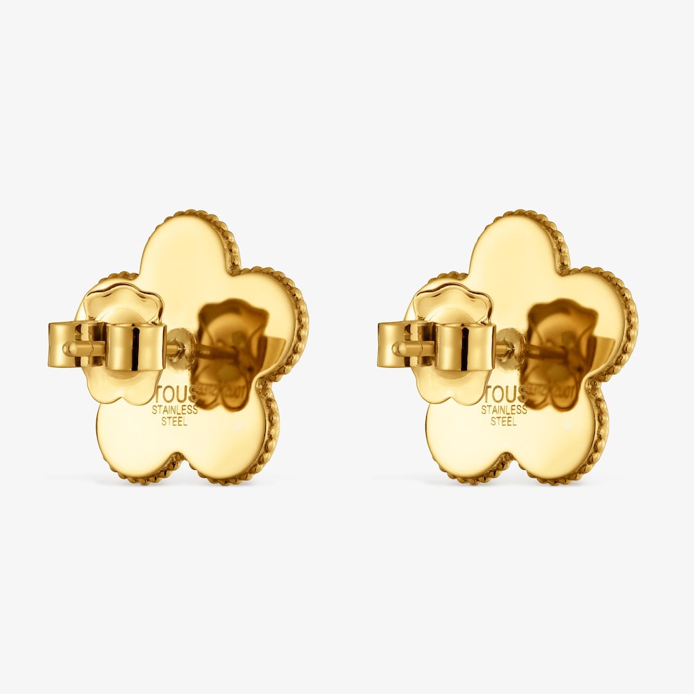 Aretes flor de acero dorado y gemas Cachito M&iacute;o