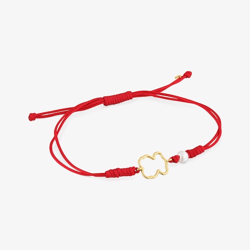 Armband aus 9&nbsp;kt Gold und rotem Nylon mit Zuchtperle und B&auml;renmotiv Silueta