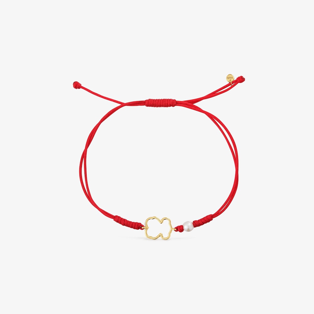 Armband aus 9&nbsp;kt Gold und rotem Nylon mit Zuchtperle und B&auml;renmotiv Silueta