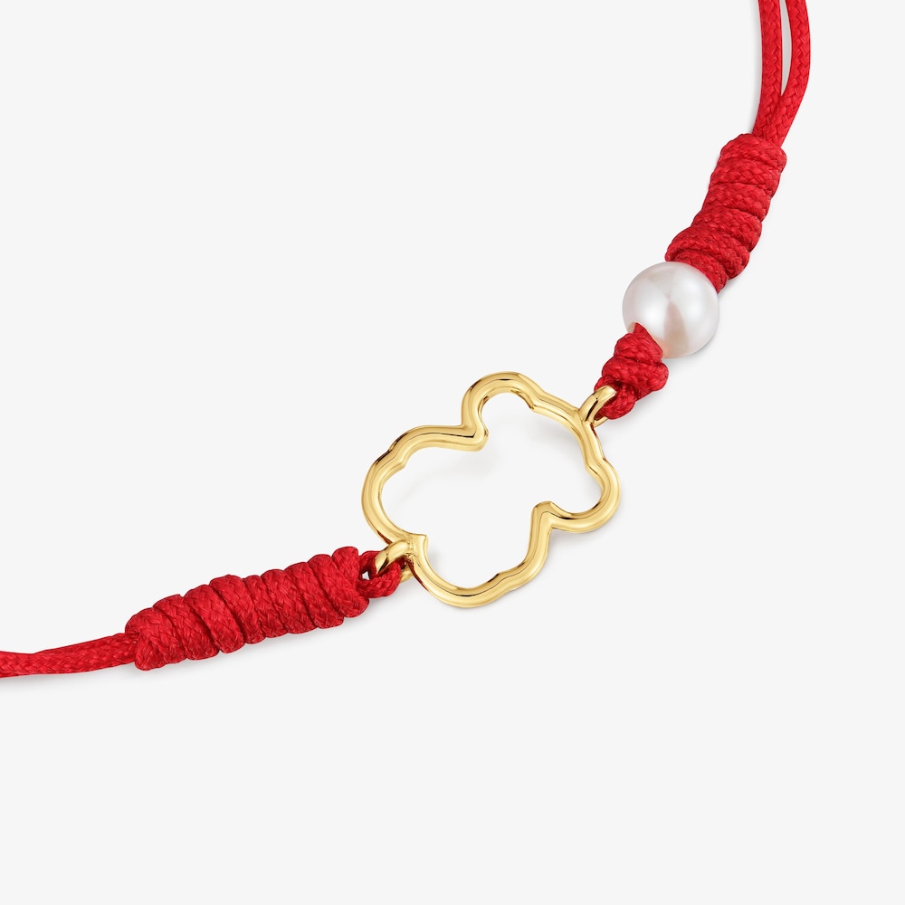 Armband aus 9&nbsp;kt Gold und rotem Nylon mit Zuchtperle und B&auml;renmotiv Silueta