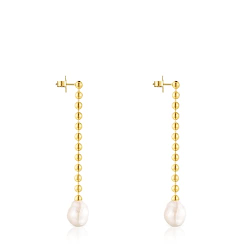 Pendientes largos con baño de oro 18 kt sobre plata y perla Gloss