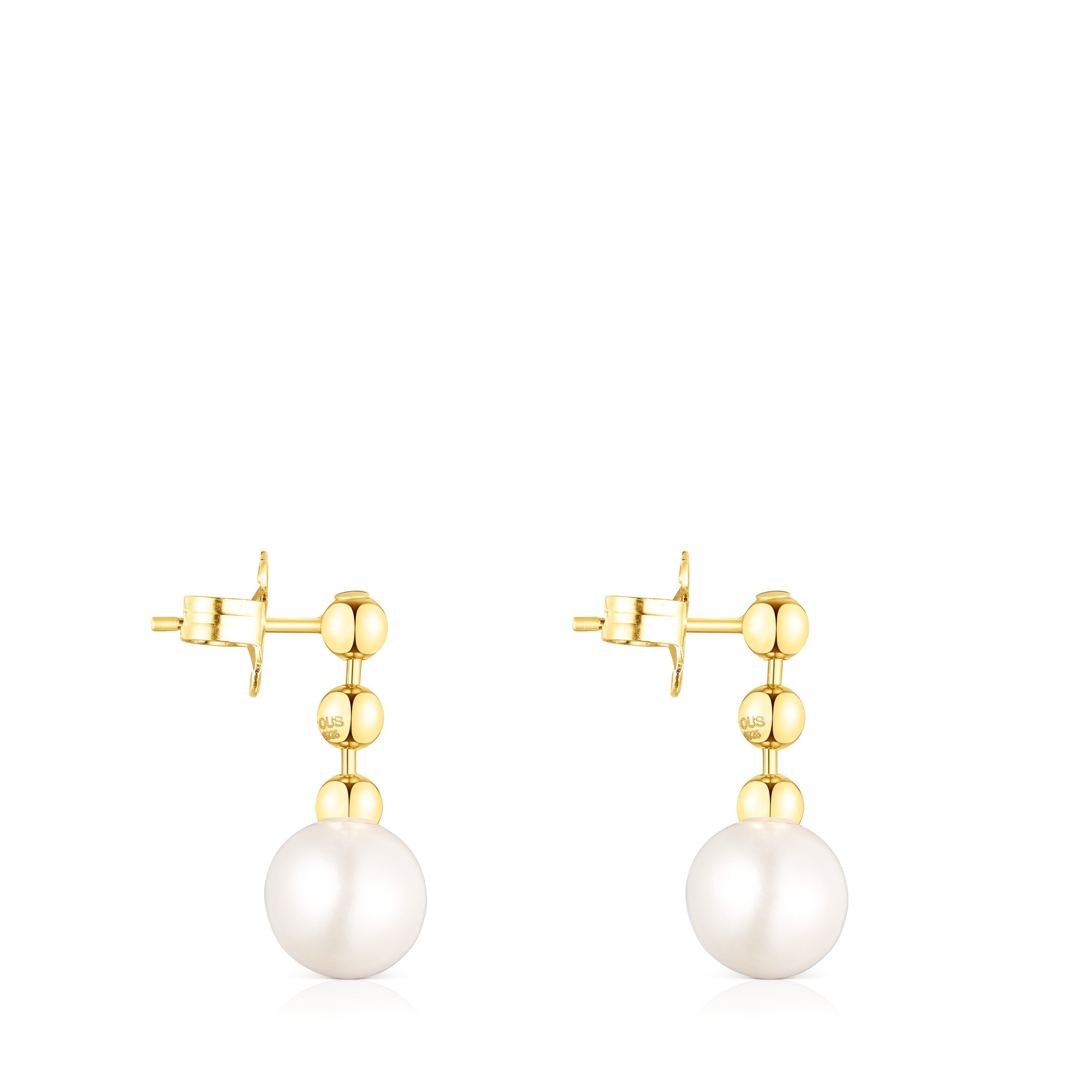 Pendientes cortos bolas con baño de oro 18 kt sobre plata y perla Gloss