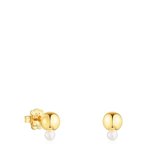 Aretes Gloss con ba&ntilde;o de oro 18 kt sobre plata y perla peque&ntilde;a