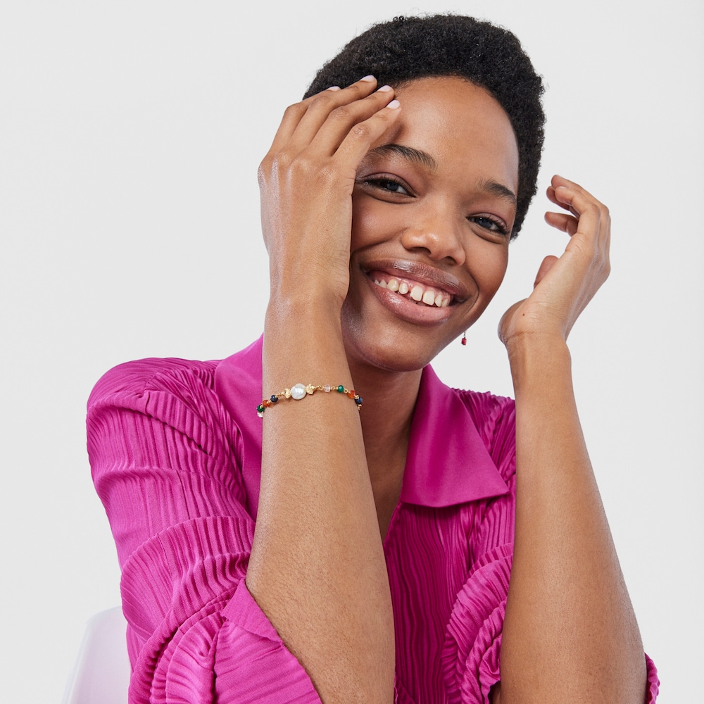 Pulsera con ba&ntilde;o de oro 18 kt sobre plata, perla y gemas Oceaan Color