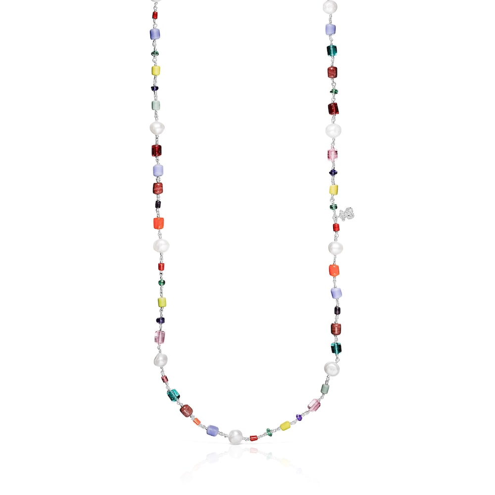 Collar largo Oceaan de glass multicolor, plata y perlas image number 0