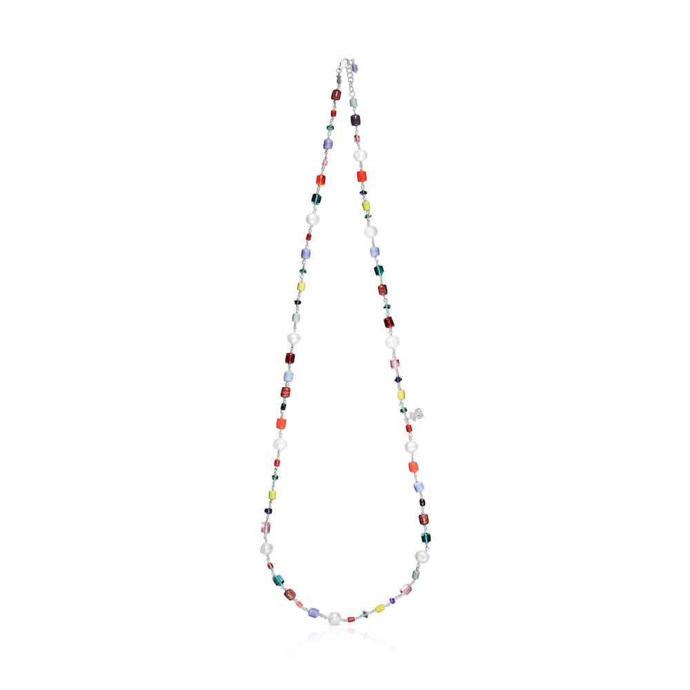 Long silver Oceaan Necklace with multicolored glass and pearls