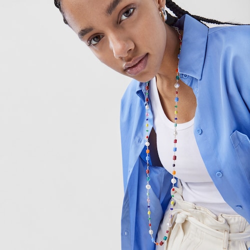 Collar largo Oceaan de glass multicolor, plata y perlas