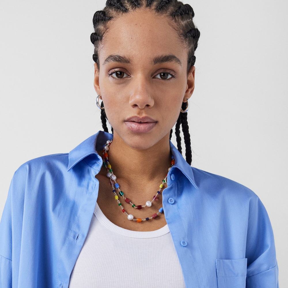 Long silver Oceaan Necklace with multicolored glass and pearls